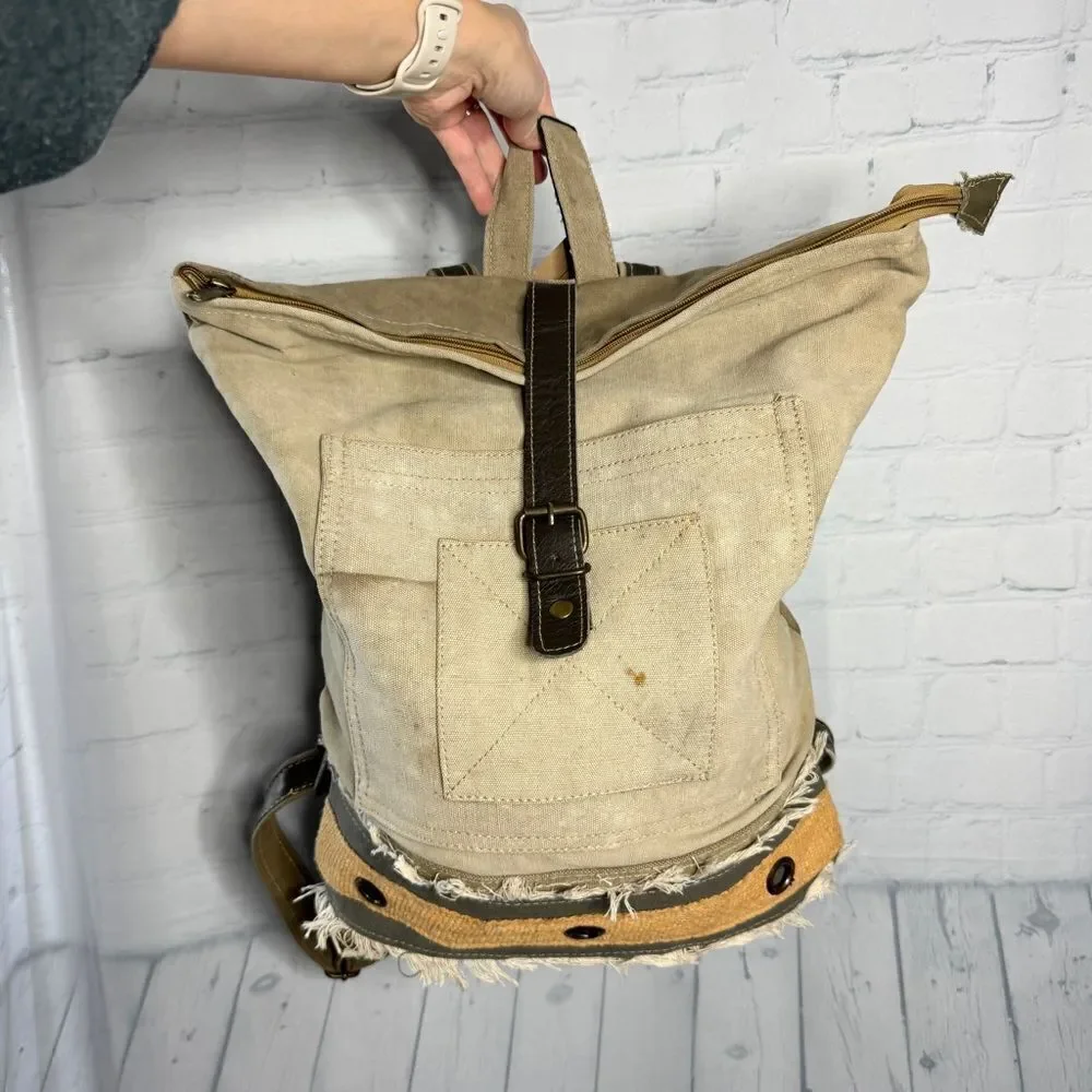 Vintage Addiction Recycled Military Canvas Leather Tote Backpack New Utility